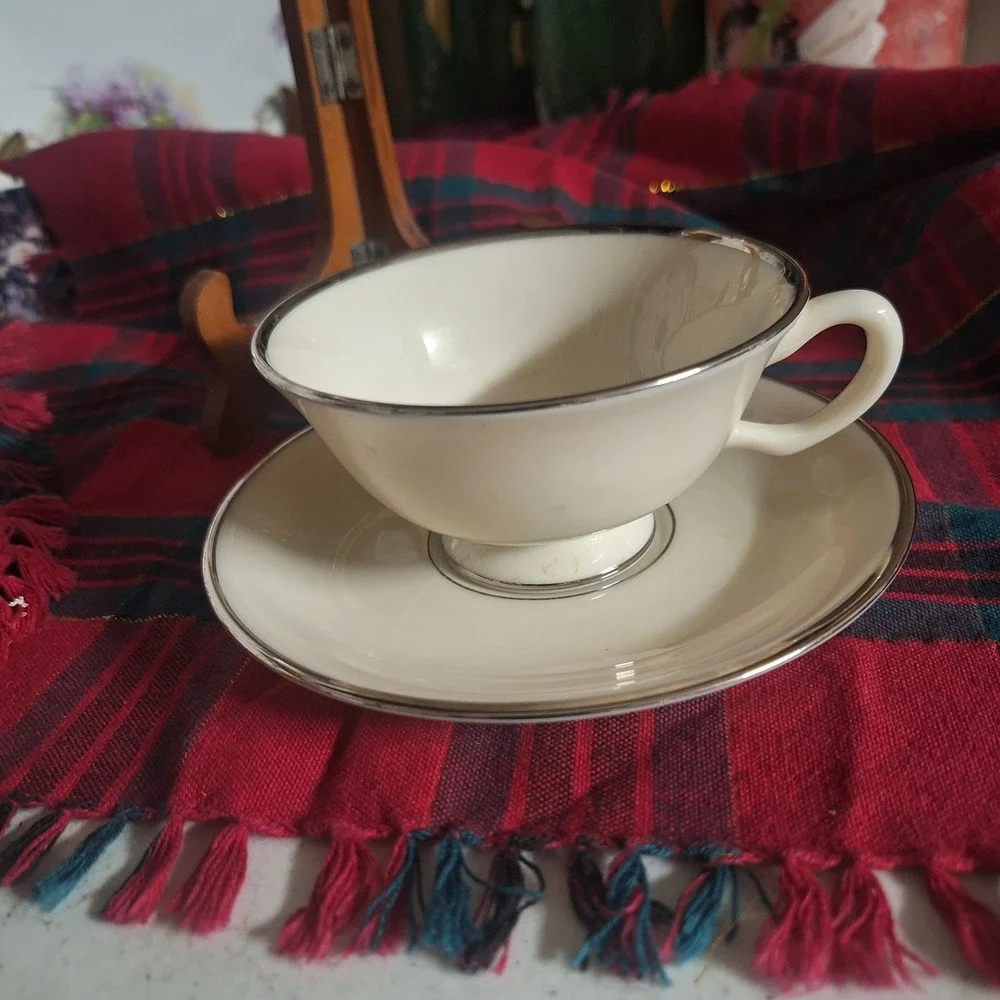 Lenox Montclair Teacup and Saucer Set Ivory Fine China Platinum Trim Made in USA